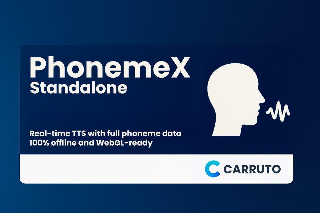Promotional banner for PhonemeX Standalone showing a bold title, a side profile silhouette emitting sound waves, and the Carruto logo on a dark blue gradient background.  Documentations PhonemeX Standalone 1024x683